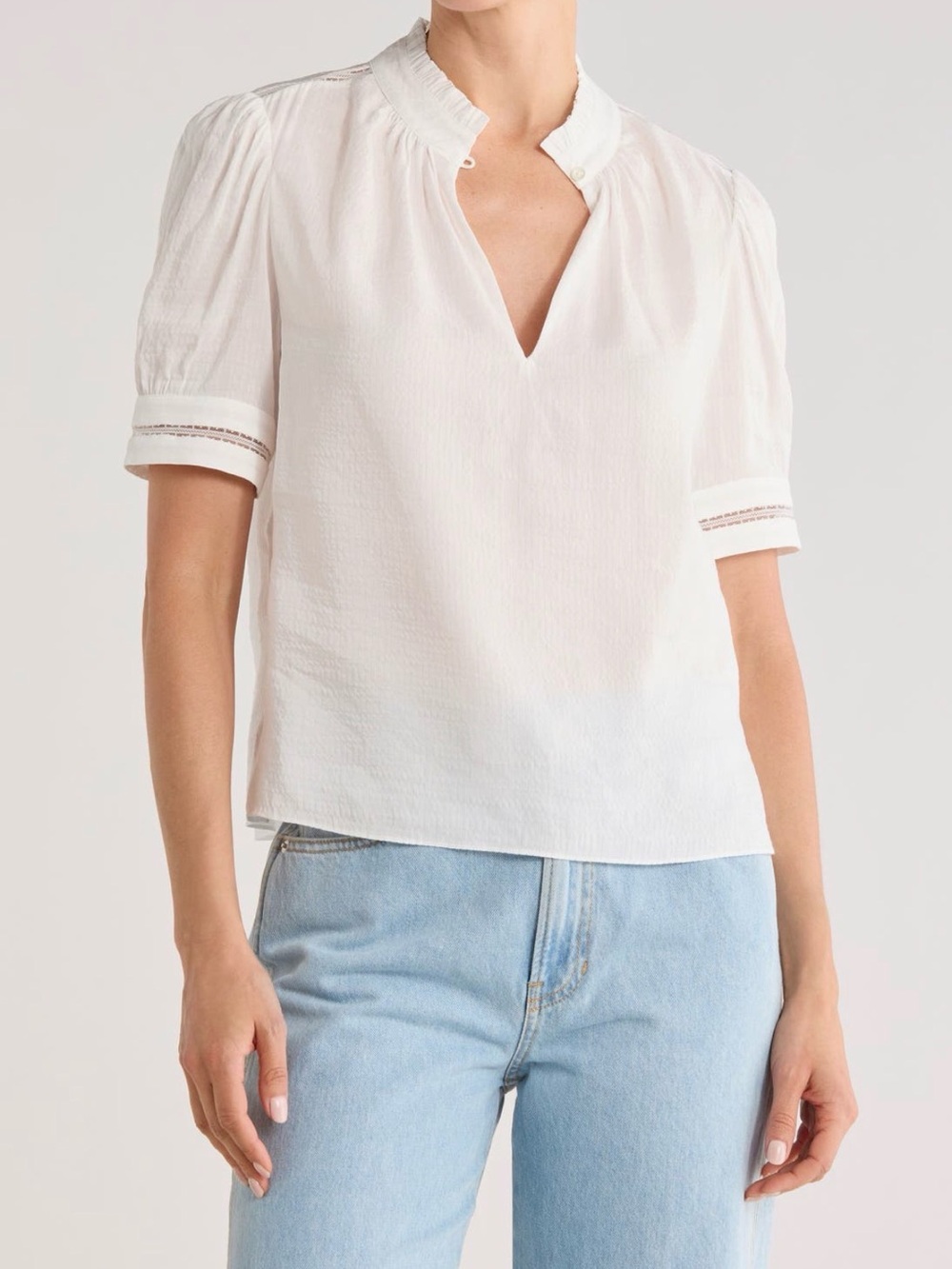 Frame ruffle collar inset lace White Split V-Neck Puff Sleeve Blouse